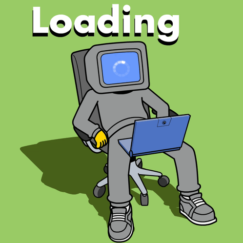Cartoon Person Sitting In Office Chair With Laptop Saying Loading GIF