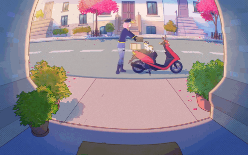 Cartoon Person Standing By Scooter GIF