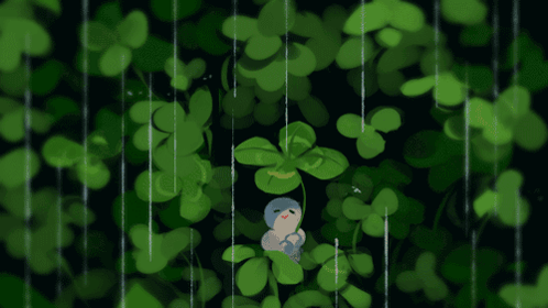 Cartoon Person Standing in Rain with Green Leaves