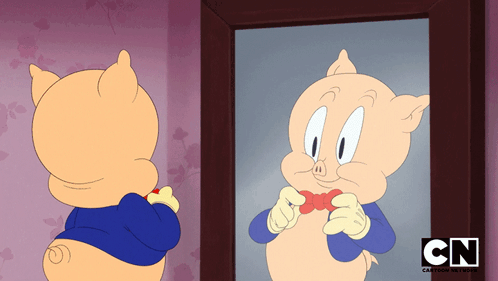 Cartoon Pig Looking In Mirror With CN GIF