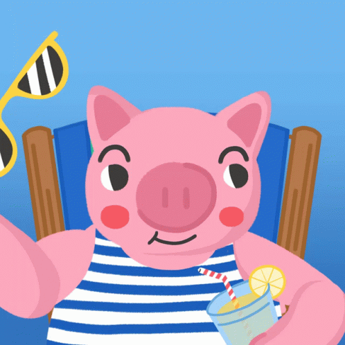 Cartoon Pig Sitting In Chair Holding Drink And Sunglasses GIF