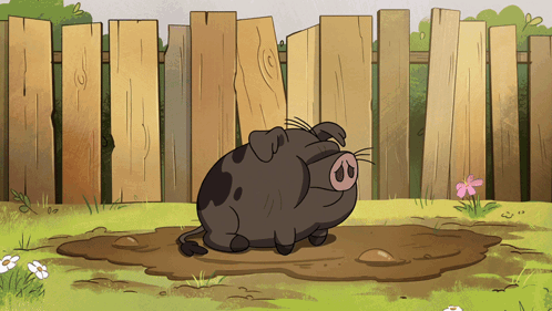 Cartoon Pig Sitting in Muddy Puddle in Front of Fence