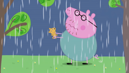 Cartoon Pig With Teddy Bear In Rain GIF