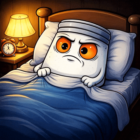 Cartoon Pillow with Orange Eyes in Bed