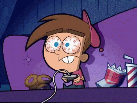 Cartoon Playing Video Game on Couch With Chips