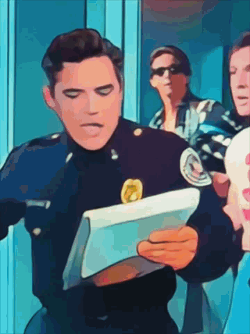 Cartoon Police Officer Looking At Tablet GIF