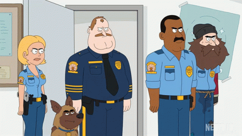 Cartoon Police Officers Standing with Netflix