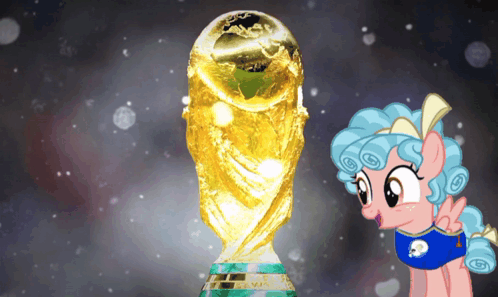 Cartoon Pony Next to Trophy Saying World Cup