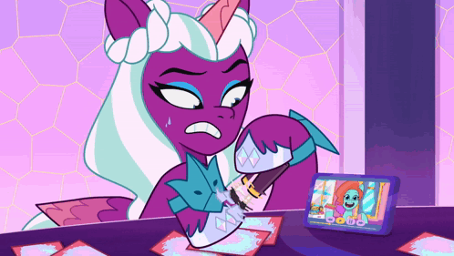 Cartoon Pony Sitting at Table With Cards and Phone