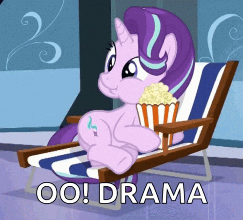 Cartoon Pony Sitting in Chair With Popcorn Saying Oo! Drama