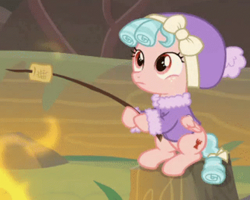 Cartoon Pony Sitting on Tree Stump Holding Stick