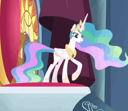Cartoon Pony With Crown on Pedestal