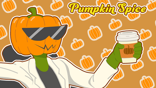 Cartoon Pumpkin Head Holding Pumpkin Spice Coffee