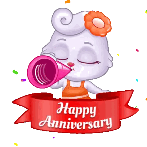 Cartoon Rabbit Blowing Horn Happy Anniversary