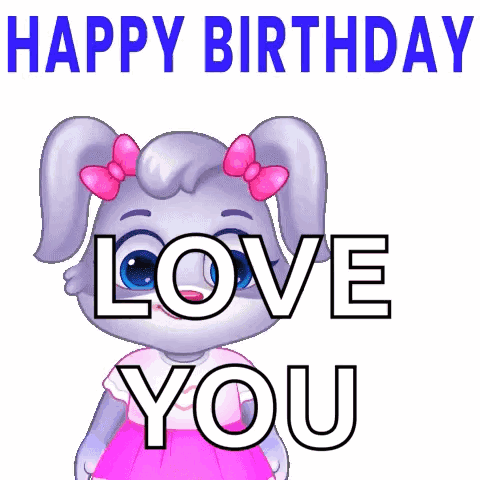 Cartoon Rabbit Holding Bouquet Saying Happy Birthday GIF