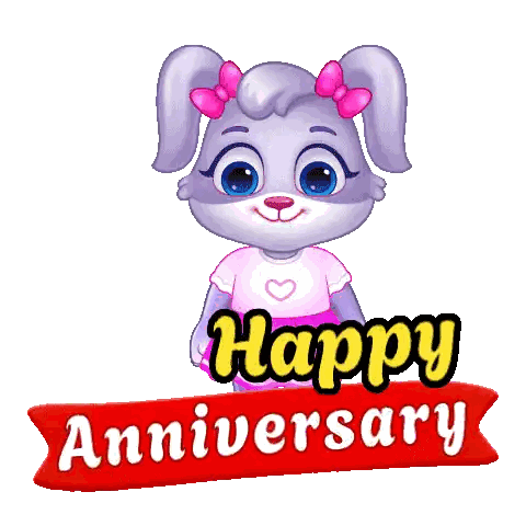 Cartoon Rabbit Holding Flowers and Anniversary Sign