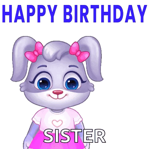 Cartoon Rabbit Holding Flowers Saying Happy Birthday Sister GIF