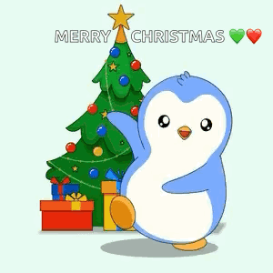 Cartoon Rabbit Holding Gift in Front of Christmas Tree