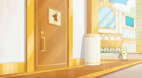 Cartoon Rabbit in Front of Building With Rabbit Sign