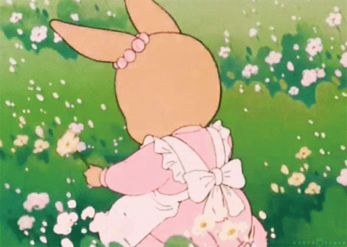 Cartoon Rabbit In Pink Dress Apron Walking Flowers GIF