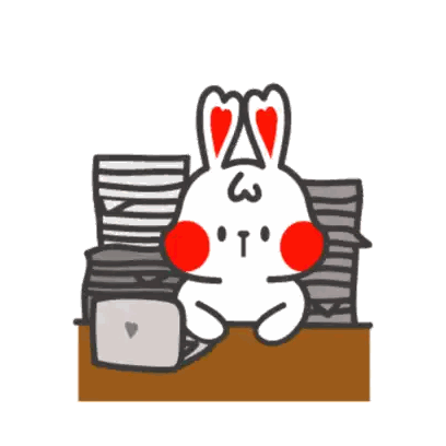 Cartoon Rabbit Sitting with Papers and Laptop