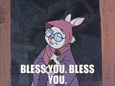 Cartoon Rabbit With Glasses And Pink Hood Says Bless You GIF