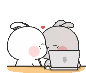 Cartoon Rabbits Kissing Looking at Laptop
