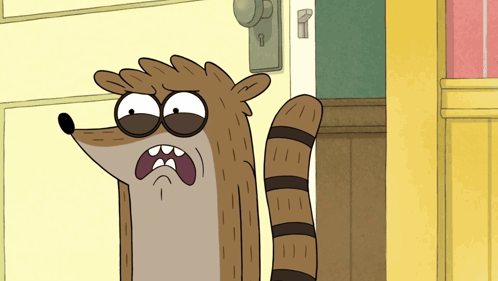 Cartoon Raccoon Standing In Front Of Yellow Door GIF