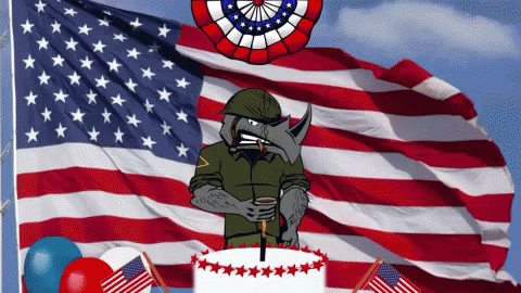 Cartoon Rhino with American Flag and Cake