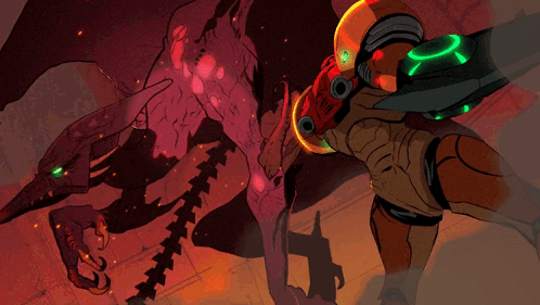 Cartoon Robot Fighting Monster With Samus Helmet