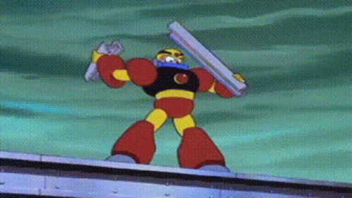 Cartoon Robot Holding Gun On Building GIF