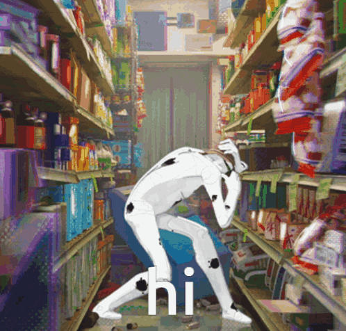 Cartoon Robot in Grocery Store Hi