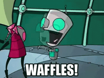 Cartoon Robot Standing Next to Woman Saying Waffles