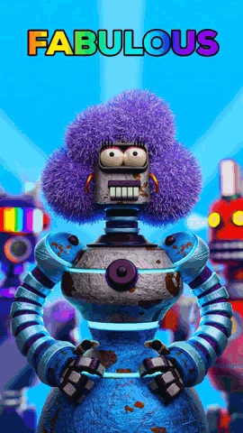 Cartoon Robot with Purple Afro Saying Fabulous