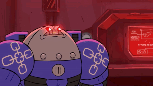 Cartoon Robot With Red Eyes and Green Device in Mouth