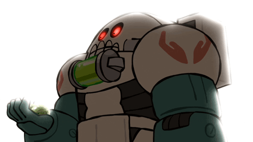 Cartoon Robot With Red Eyes and Letter G on Back