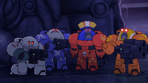 Cartoon Robots Group With One Holding Gun