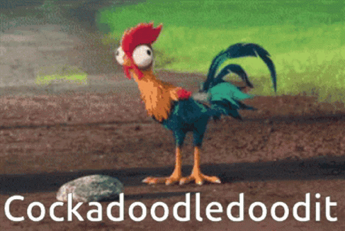 Cartoon Rooster in Dirt Saying Cockadoodledoodit
