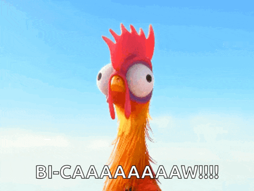 Cartoon Rooster with Big Eyes Saying Bi-Caaaaaaw !!!