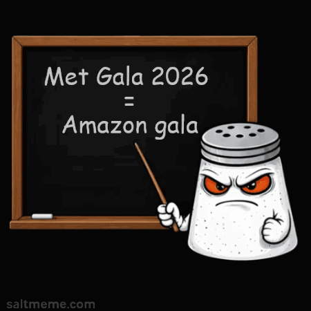 Cartoon Salt Shaker Pointing at Blackboard Saying Met Gala 2026 = Amazon Gala
