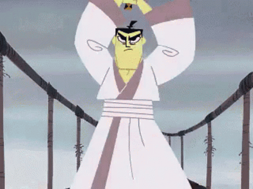 Cartoon Samurai Standing on Bridge with Hands Up