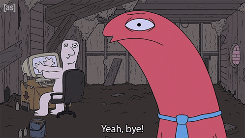 Cartoon Saying Yeah Bye At Computer Desk GIF