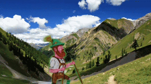 Cartoon Scottish Man Hiking Mountain GIF