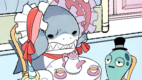 Cartoon Shark Sitting at Table With Tea