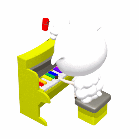 Cartoon Sheep Playing Yellow Piano With Rainbow Keys GIF