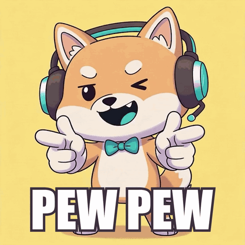 Cartoon Shiba Inu with Headphones Bow Tie Saying Pew Pew