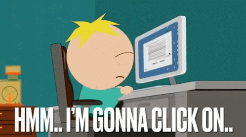 Cartoon Sitting at Desk Saying Hmm I'm Gonna Click On