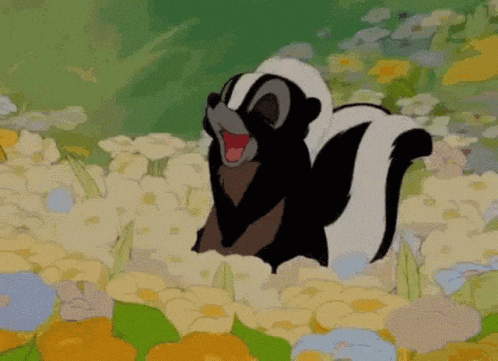 Cartoon Skunk in Field of Flowers