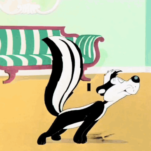 Cartoon Skunk Standing in Front of Striped Couch