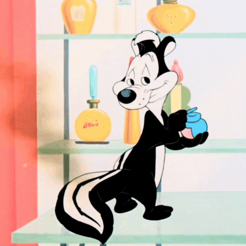 Cartoon Skunk Standing on Shelf Holding Perfume Jar